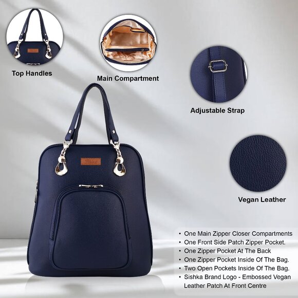 Ladies’ Blue Vegan Leather Backpack – Top Handle Daypack - Picture 4 of 10